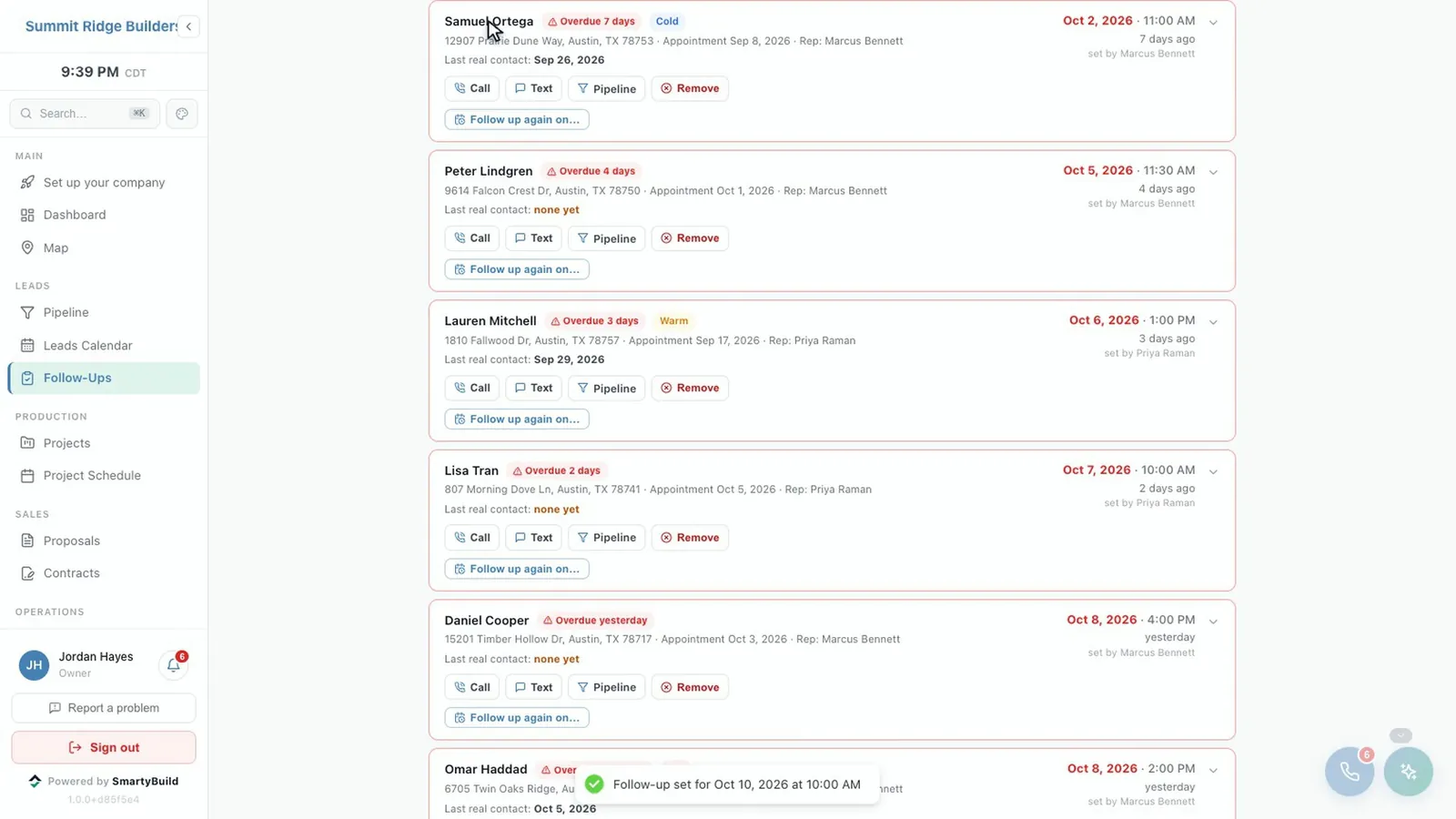 The Follow-Ups page: overdue follow-ups flagged in red, each with Call, Text and Pipeline buttons.